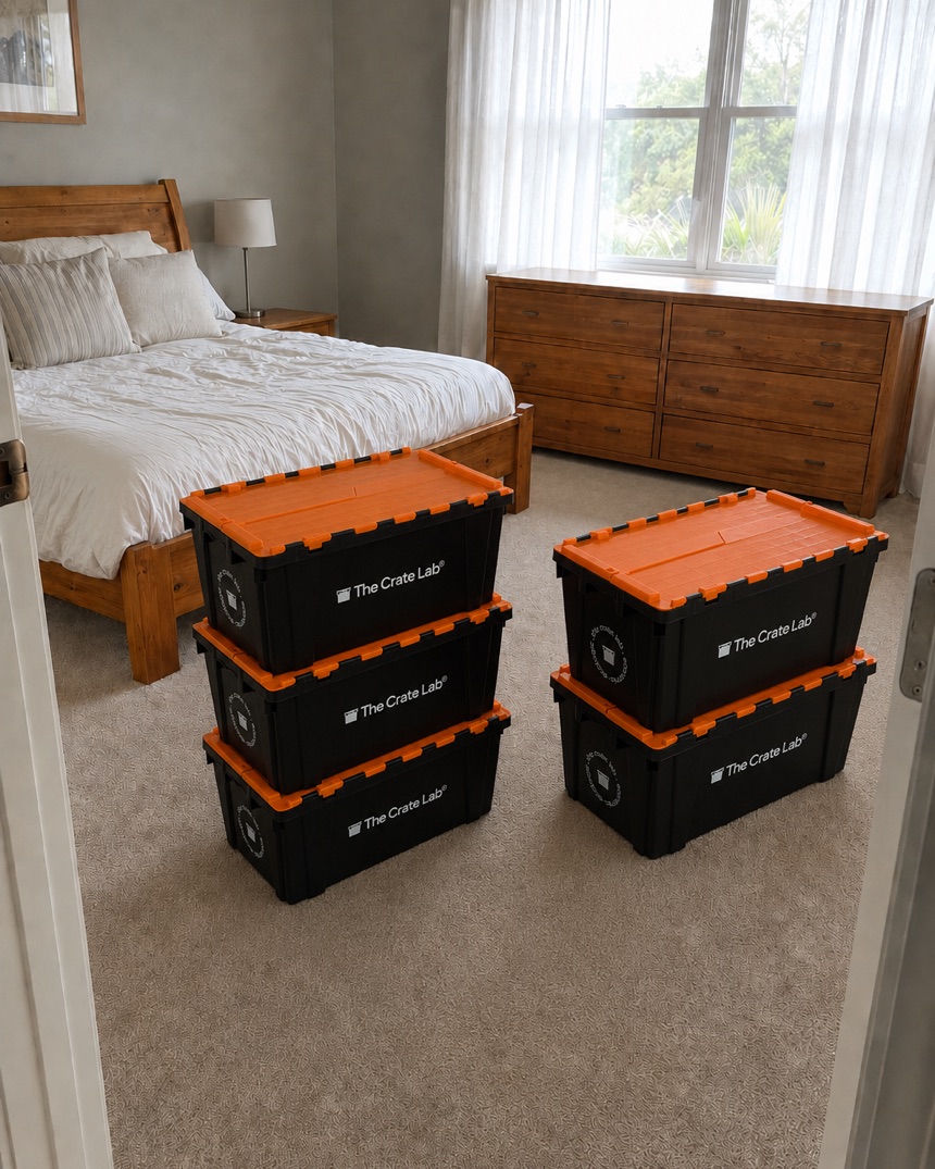 The bedroom cleared with Crate Lab crates packed and stacked