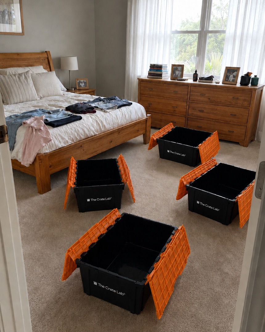 A bedroom with belongings out before a move, empty Crate Lab crates waiting