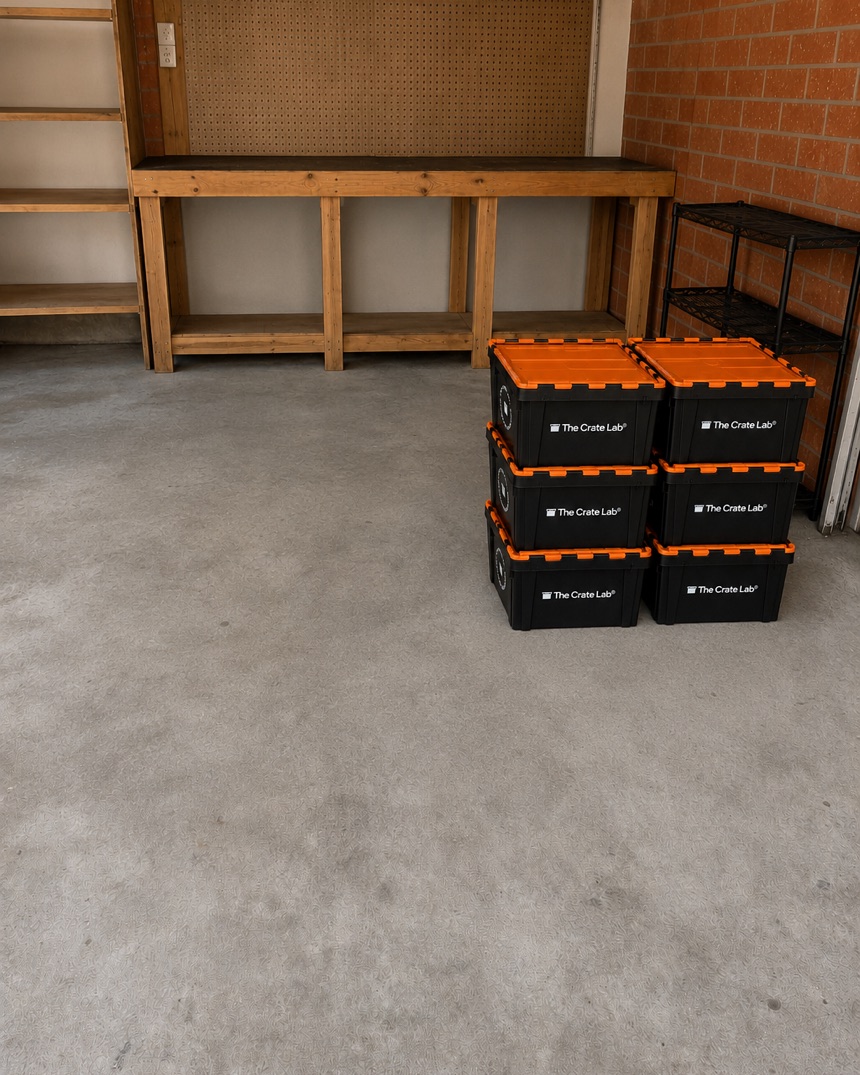 The garage cleared with Crate Lab crates packed and stacked