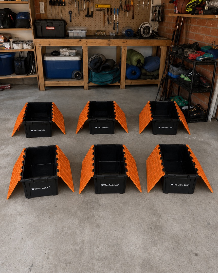 A cluttered Australian garage before a move, empty Crate Lab crates waiting
