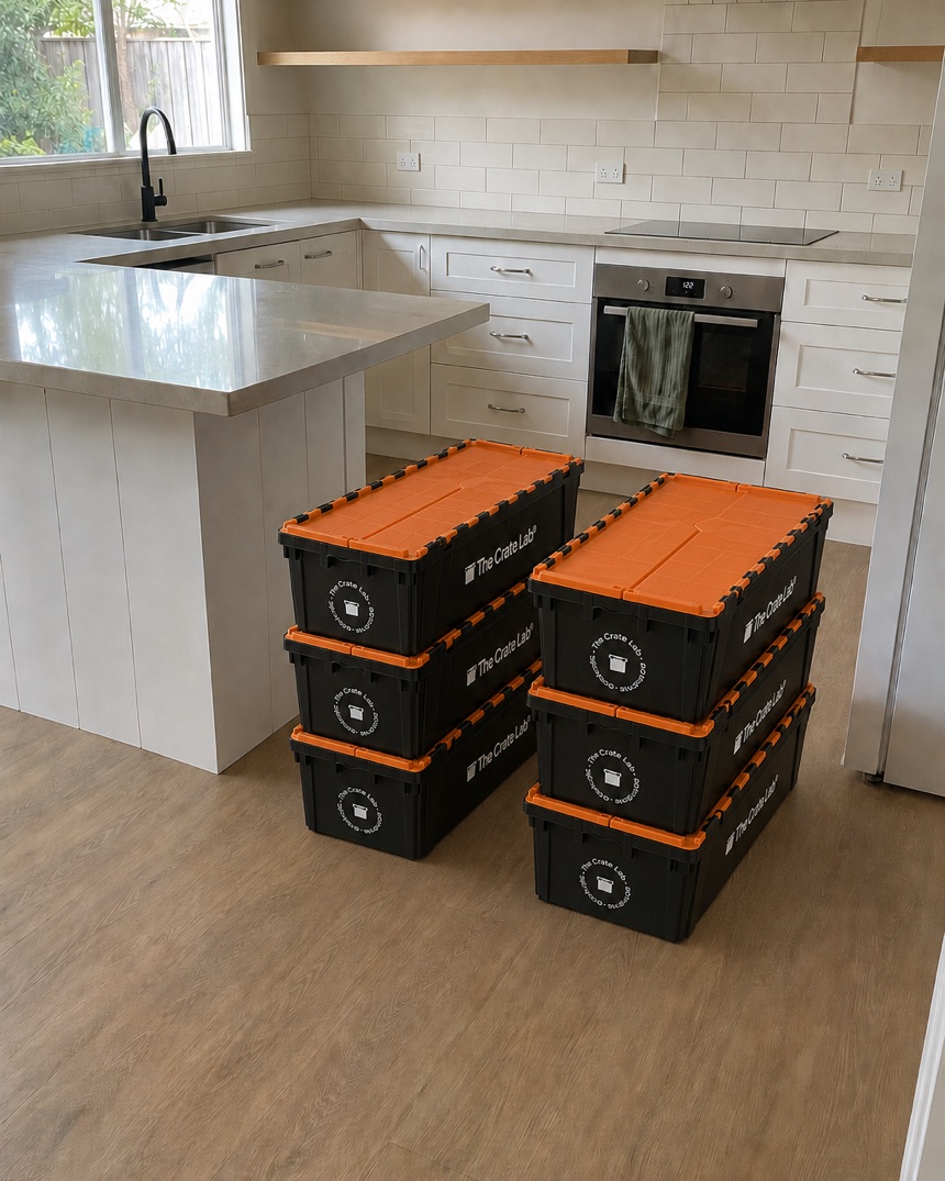 The kitchen cleared with Crate Lab crates packed and stacked