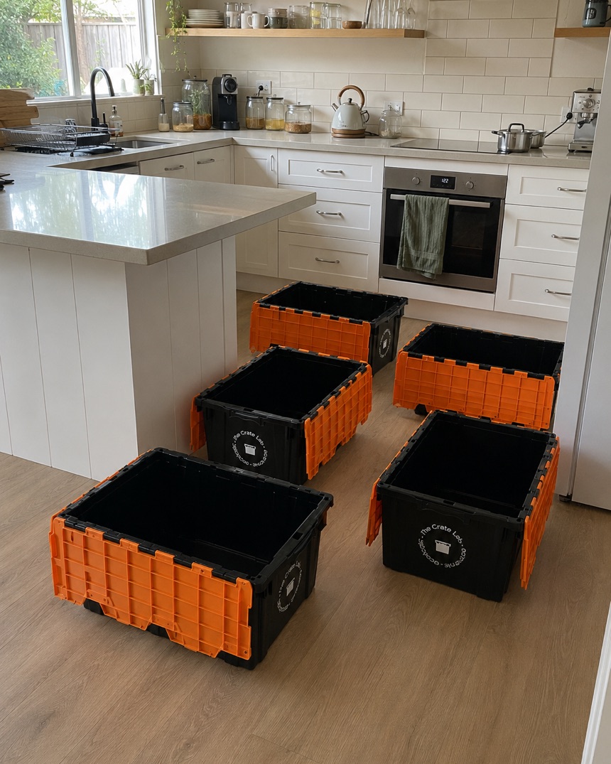 An Australian kitchen full of loose crockery before a move, empty Crate Lab crates waiting