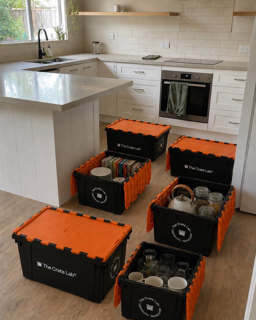 Kitchen items being packed into The Crate Lab crates