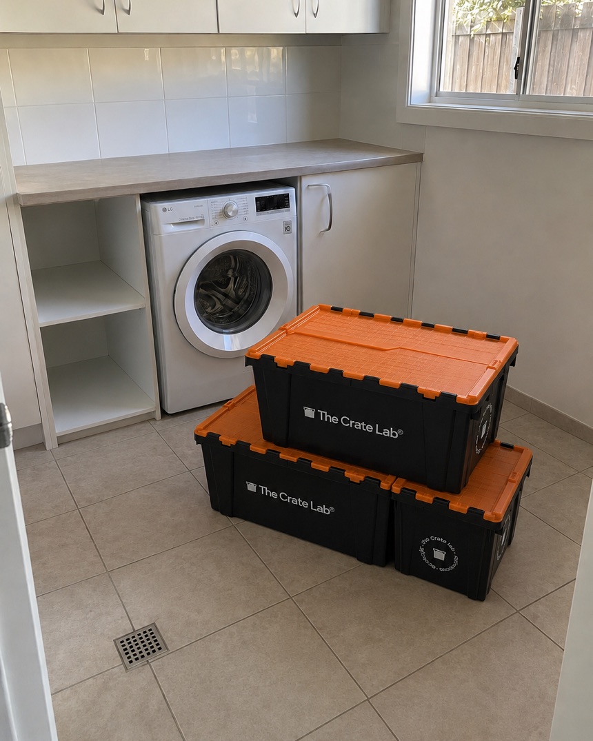 The laundry cleared with Crate Lab crates packed and stacked