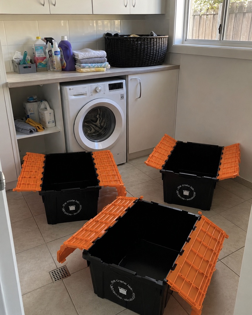 A laundry with supplies out before a move, empty Crate Lab crates waiting