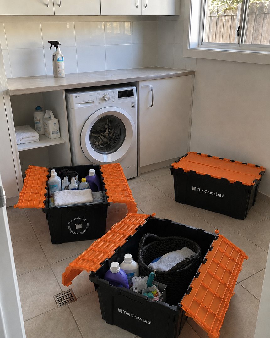 Laundry supplies being packed into The Crate Lab crates