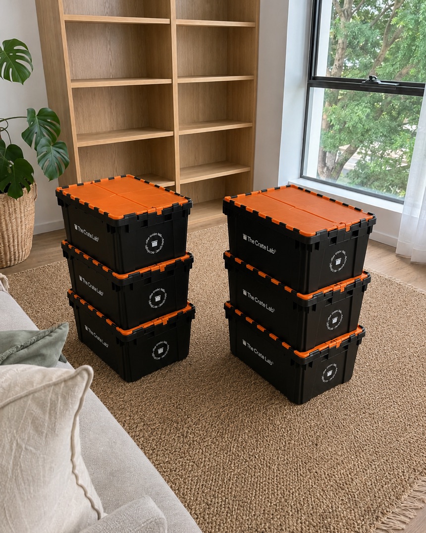 The living room cleared with Crate Lab crates packed and stacked