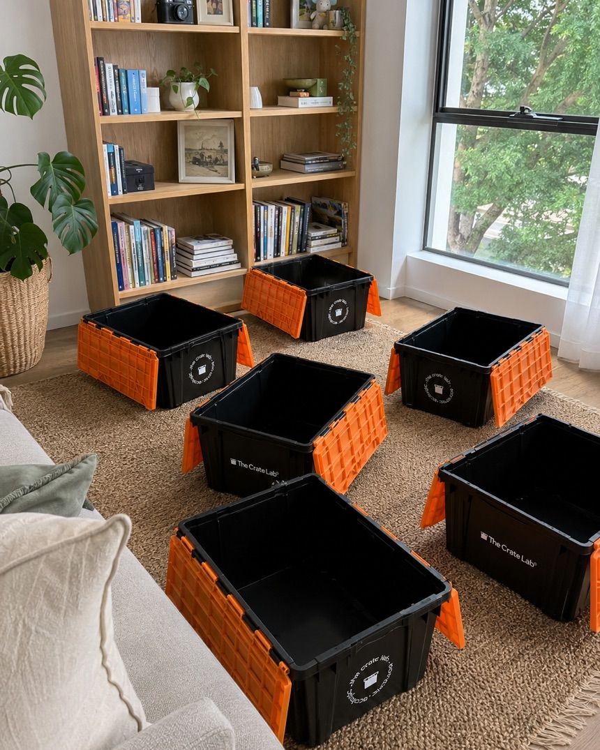 A living room with a full bookcase before a move, empty Crate Lab crates waiting
