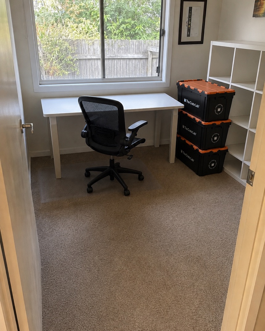 The home office cleared with Crate Lab crates packed and stacked
