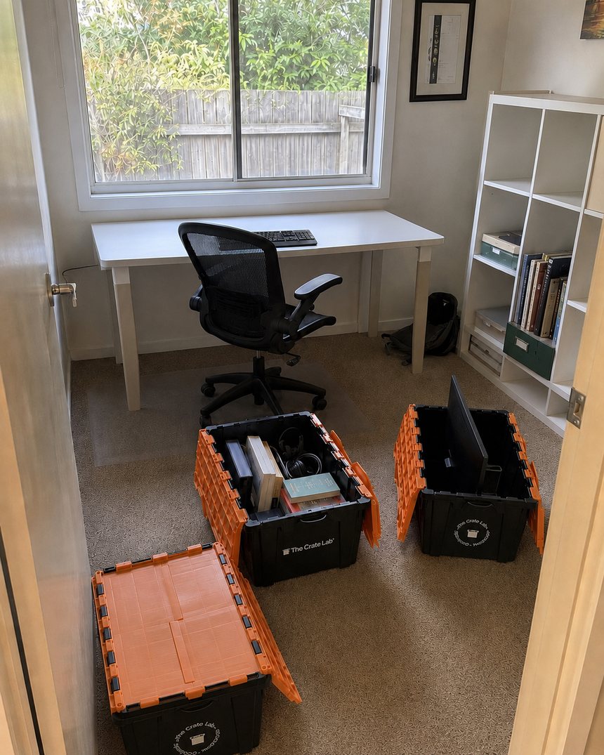 Office files and gear being packed into The Crate Lab crates