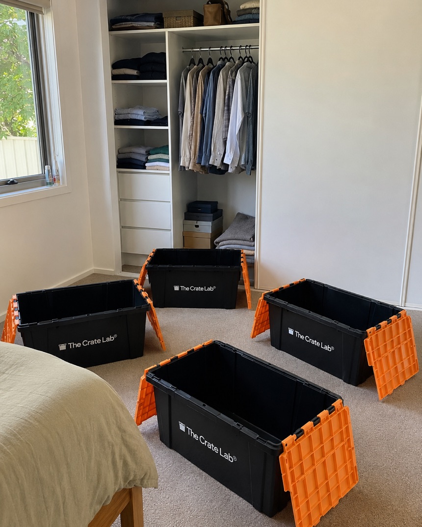 A built-in wardrobe full of clothes before a move, empty Crate Lab crates waiting
